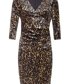 Smashed Lemon Soft Leopard Velvet 60's Pencil Dress Gold Black New In