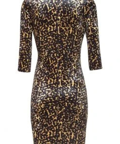 Smashed Lemon Soft Leopard Velvet 60's Pencil Dress Gold Black New In