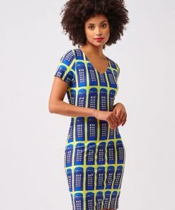 Smashed Lemon Who? Telephone 60's Pencil Dress Yellow Blue