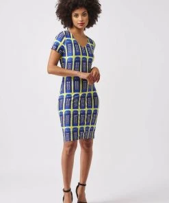 Smashed Lemon Who? Telephone 60's Pencil Dress Yellow Blue