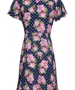 Smashed Lemon Dilly Dally Polkadot Flowers 60's A-Line Dress Navy Pink New In