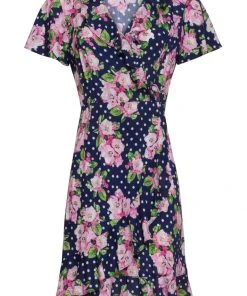Smashed Lemon Dilly Dally Polkadot Flowers 60's A-Line Dress Navy Pink New In