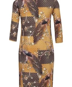 New In Smashed Lemon Chinoiserie Peacock 60's Pencil Dress Mustard