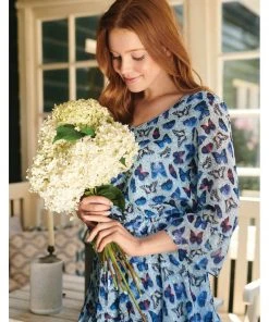 Smashed Lemon Butterfly Bohemian 60's A-Line Dress Blue New In