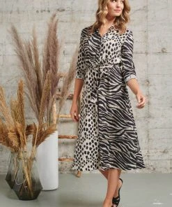 Smashed Lemon Mixed Safari 70's Dress Beige New In