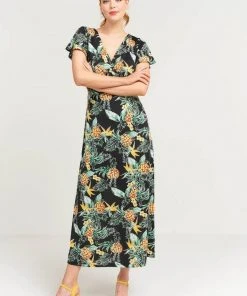 New In Smashed Lemon Dotted Pineapple 70's Maxi Dress Black