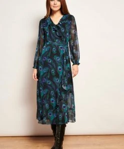 Smashed Lemon Peacock Stride 70's Maxi Dress Black Emerald