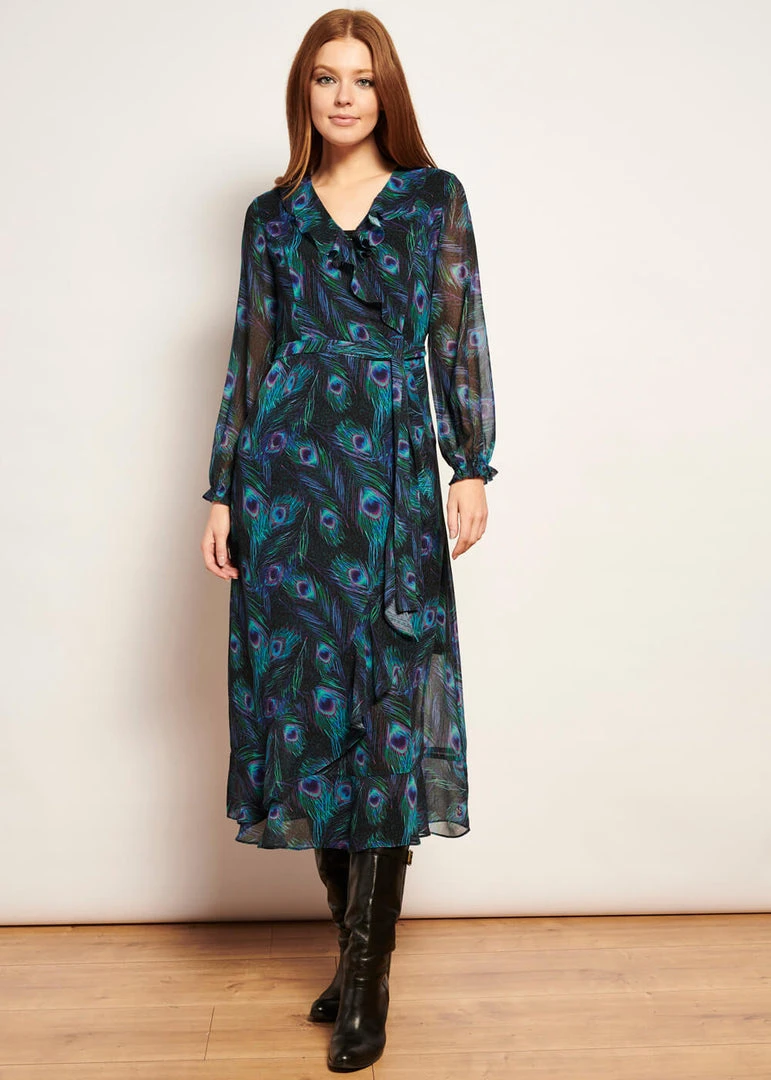 Smashed Lemon Peacock Stride 70's Maxi Dress Black Emerald