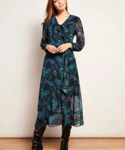 Smashed Lemon Peacock Stride 70's Maxi Dress Black Emerald
