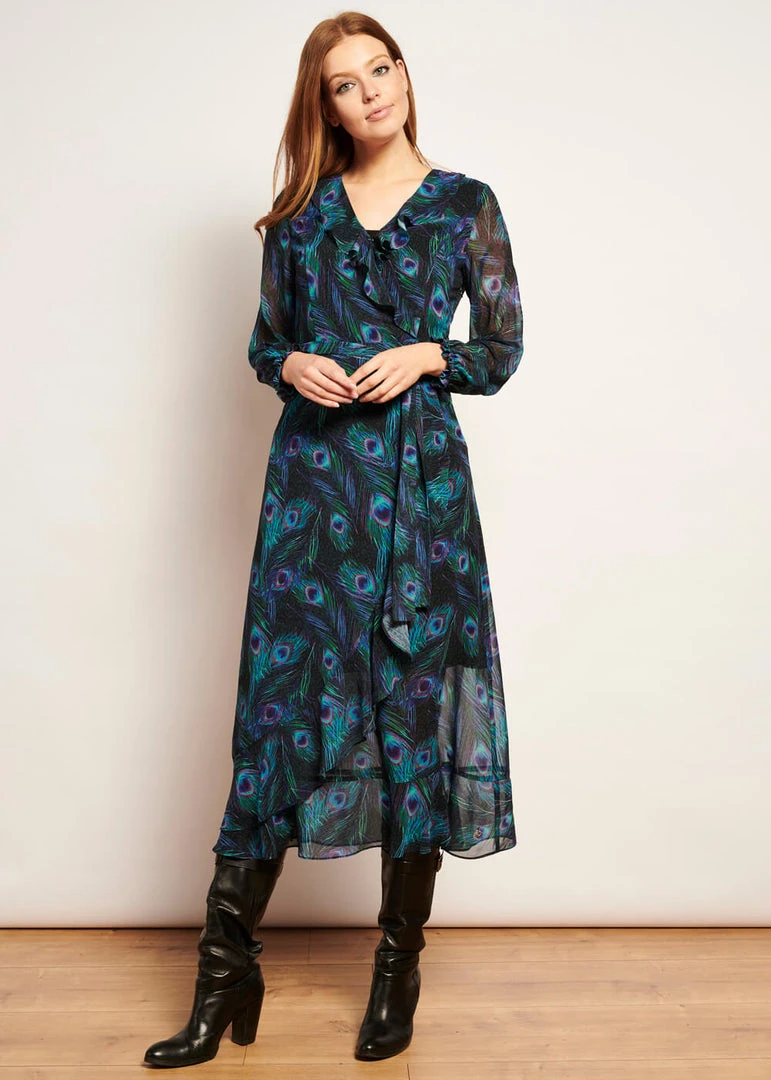 Smashed Lemon Peacock Stride 70's Maxi Dress Black Emerald