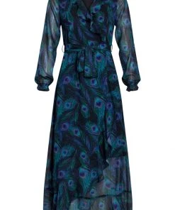 Smashed Lemon Peacock Stride 70's Maxi Dress Black Emerald