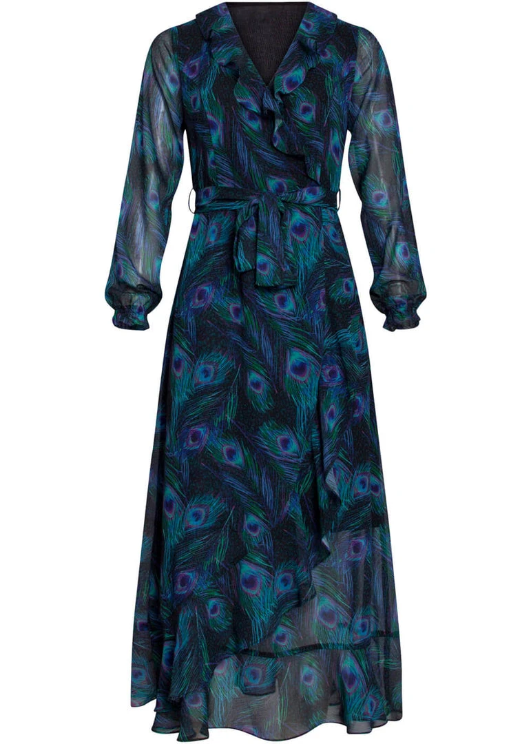 Smashed Lemon Peacock Stride 70's Maxi Dress Black Emerald