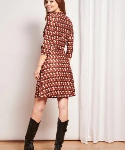 New In Smashed Lemon Crowned Crane Bird 60's A-Line Dress Cognac