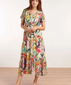 Smashed Lemon Tropical Flowers 70's Maxi Dress White New In