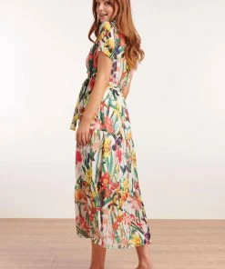 Smashed Lemon Tropical Flowers 70's Maxi Dress White New In
