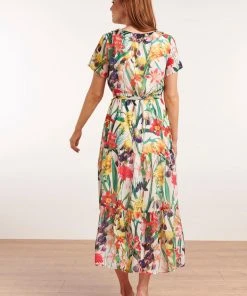 Smashed Lemon Tropical Flowers 70's Maxi Dress White New In