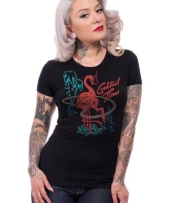 New In Steady Clothing Cocktail Time Flamingo Girly T-Shirt Black