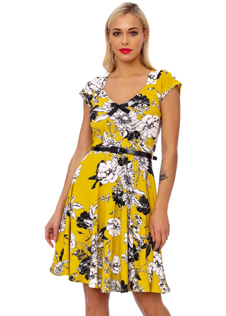 Succubus Serena Floral 50's Swing Dress Mustard