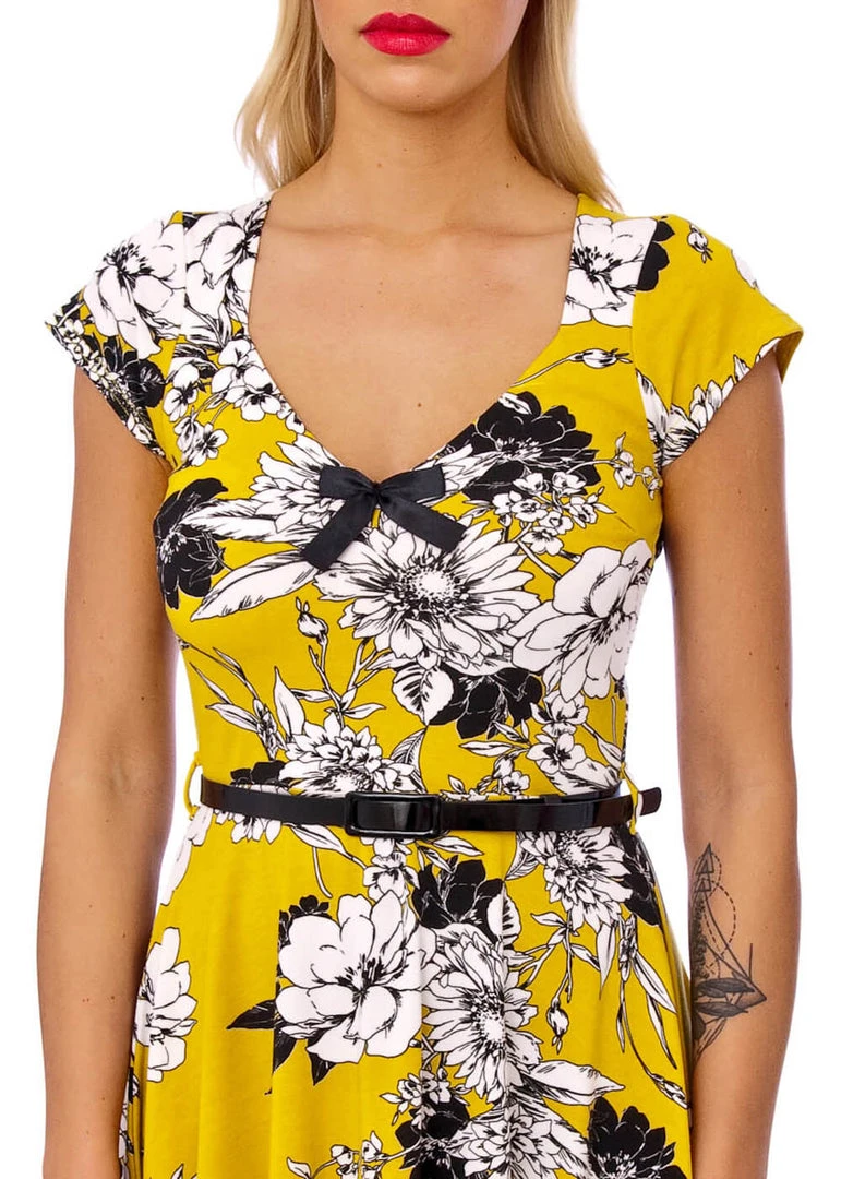 Succubus Serena Floral 50's Swing Dress Mustard