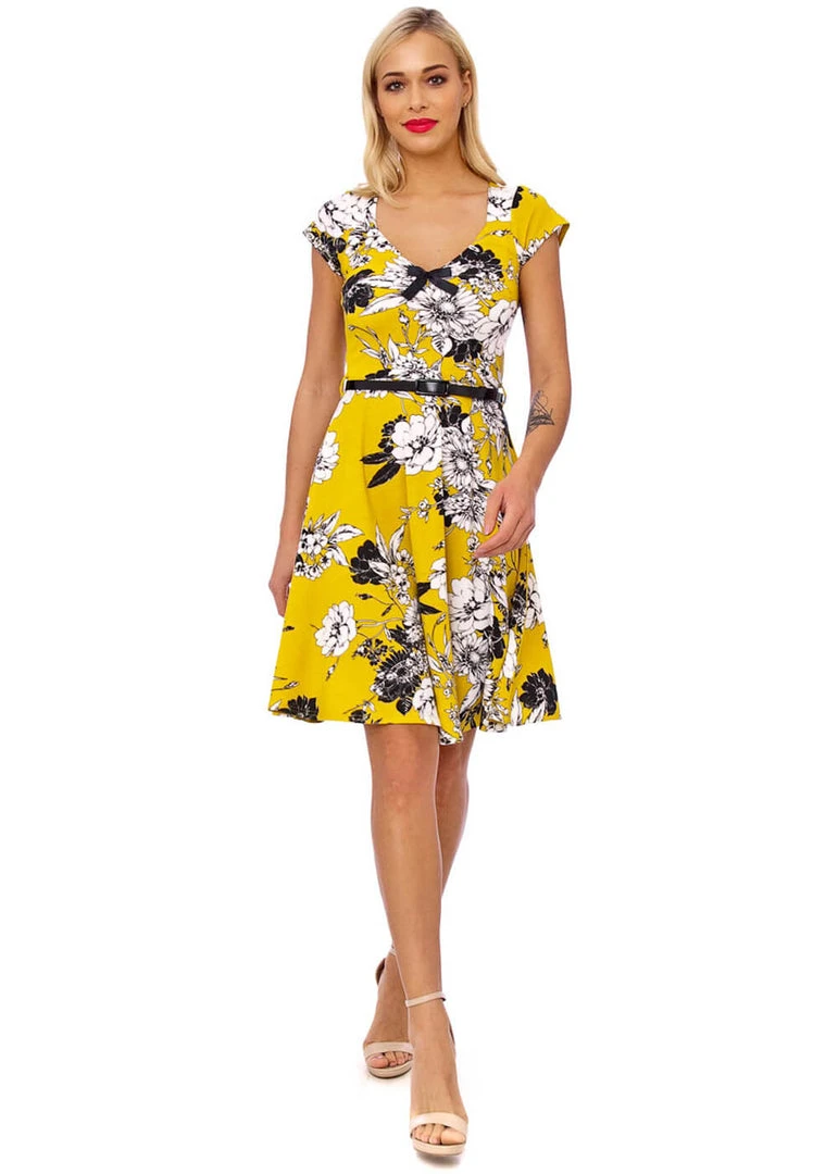 Succubus Serena Floral 50's Swing Dress Mustard