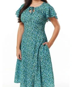 Sheen New In Timeless Vienna Floral 40's Swing Dress Green