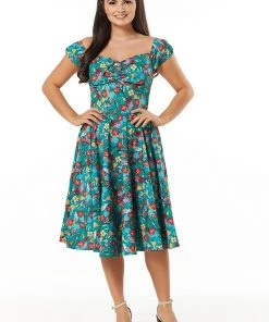 Sheen Timeless Preston Parrots 50's Swing Dress Green New In