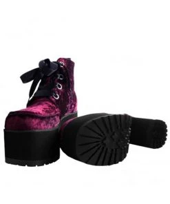 T.U.K Nosebleed Velvet Crush Platform Ankle Boots Burgundy
