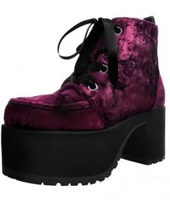 T.U.K Nosebleed Velvet Crush Platform Ankle Boots Burgundy