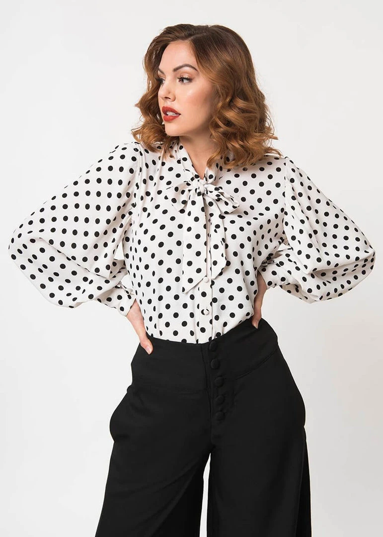 Unique Vintage Gwen Polka Dot 40's Blouse White Black New In