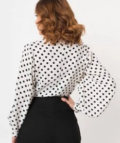 Unique Vintage Gwen Polka Dot 40's Blouse White Black New In
