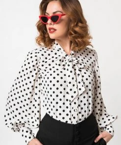 Unique Vintage Gwen Polka Dot 40's Blouse White Black New In