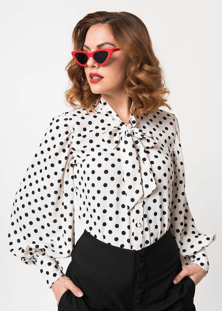 Unique Vintage Gwen Polka Dot 40's Blouse White Black New In