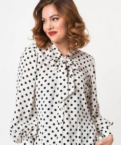 Unique Vintage Gwen Polka Dot 40's Blouse White Black New In