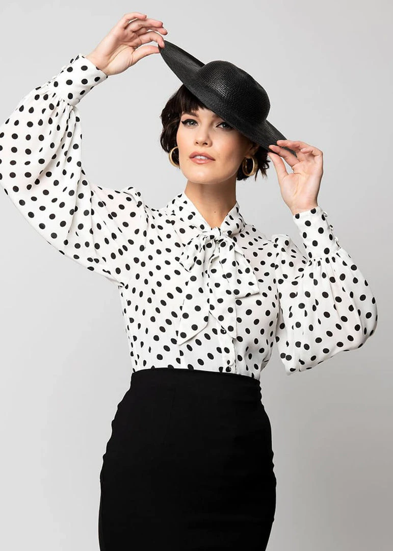 Unique Vintage Gwen Polka Dot 40's Blouse White Black New In