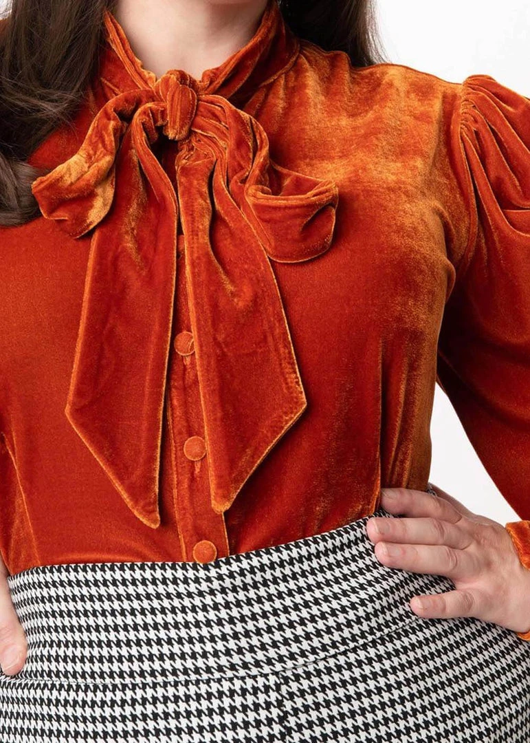 Unique Vintage Gwen Velvet 40's Blouse Burned Orange