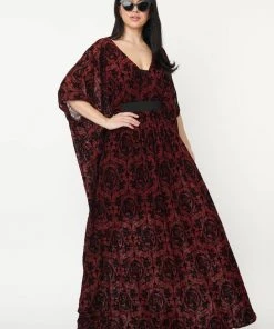New In Unique Vintage Burton La Catrina Kaftan Maxi Dress Burgundy