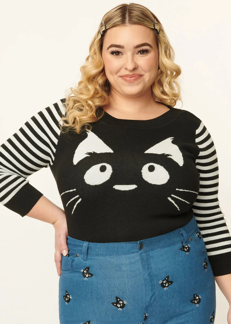 New In Unique Vintage Minou Cat Striped 60's Sweater Black White