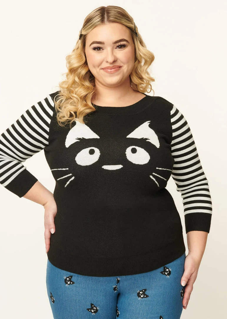 New In Unique Vintage Minou Cat Striped 60's Sweater Black White