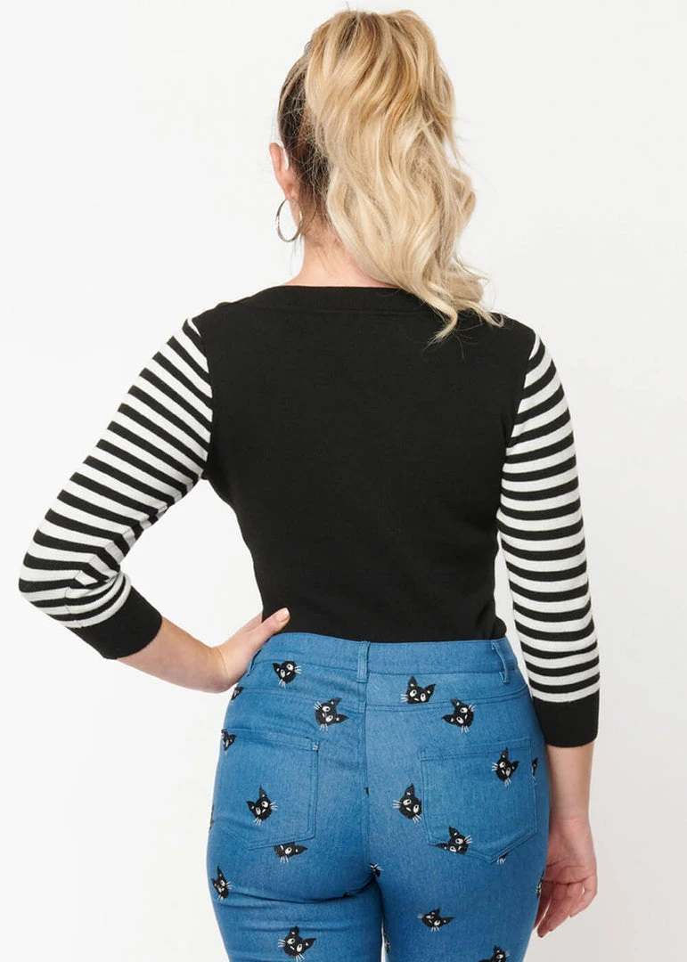 New In Unique Vintage Minou Cat Striped 60's Sweater Black White