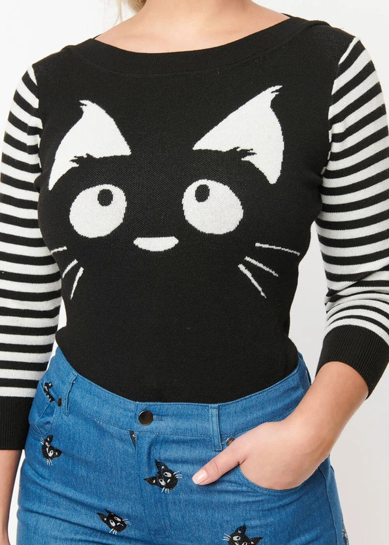 New In Unique Vintage Minou Cat Striped 60's Sweater Black White