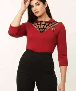 Unique Vintage Spiderweb Widow 50's Top Burgundy Red New In