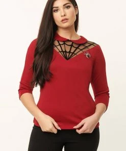Unique Vintage Spiderweb Widow 50's Top Burgundy Red New In