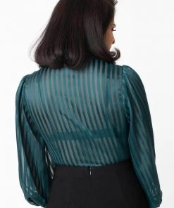 Unique Vintage Lena Stripe 40's Blouse Teal Petrol New In