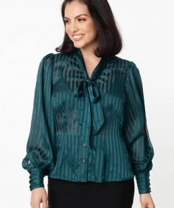 Unique Vintage Lena Stripe 40's Blouse Teal Petrol New In