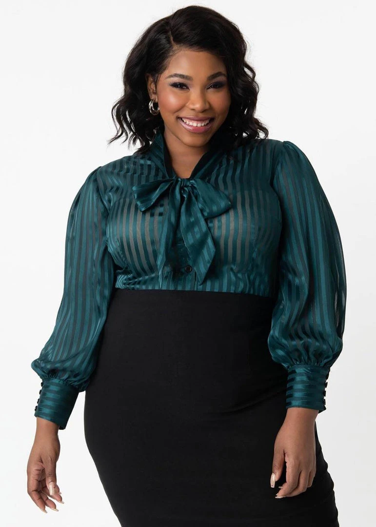 Unique Vintage Lena Stripe 40's Blouse Teal Petrol New In