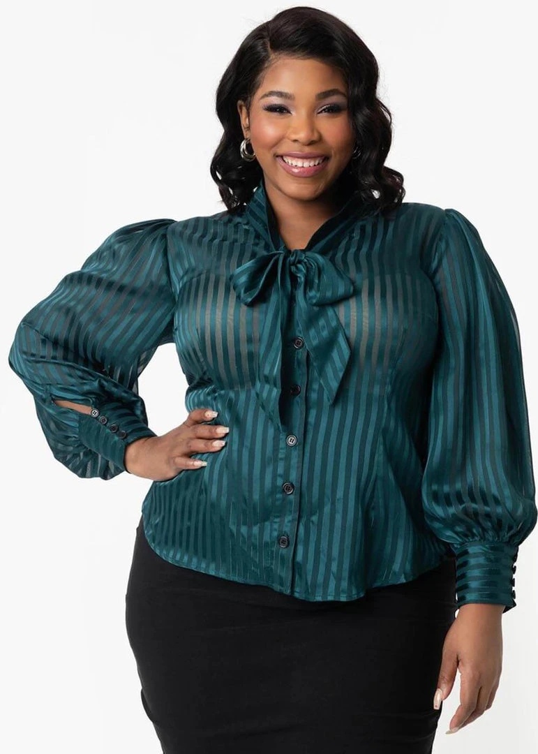 Unique Vintage Lena Stripe 40's Blouse Teal Petrol New In