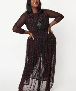 Unique Vintage Tallullah Hearts Swiss Dot 40's Duster Black Red