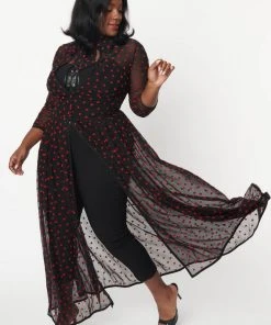 Unique Vintage Tallullah Hearts Swiss Dot 40's Duster Black Red