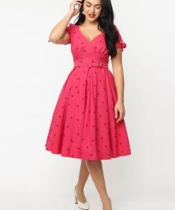 Unique Vintage Doreen Polkadot 50's Swing Dress Pink
