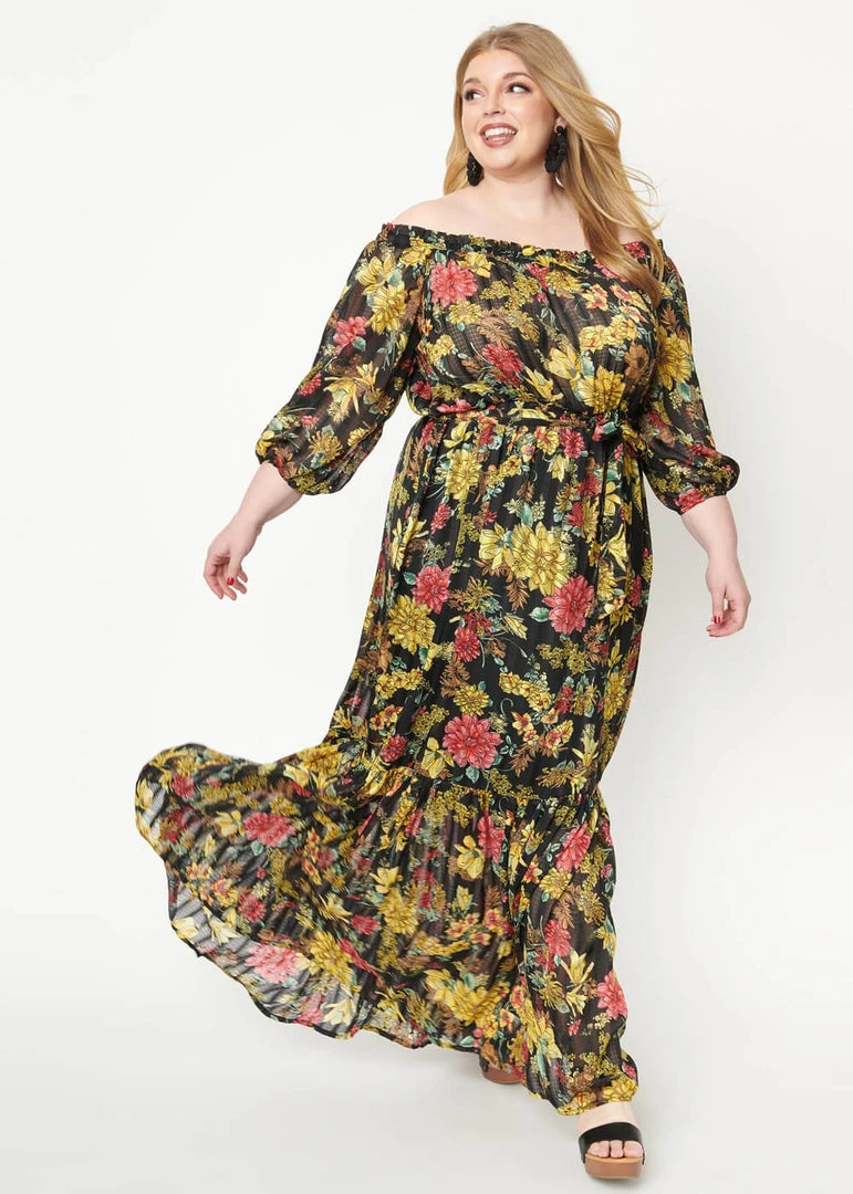 Unique Vintage Sweet Escape 70's Maxi Dress Black Yellow New In